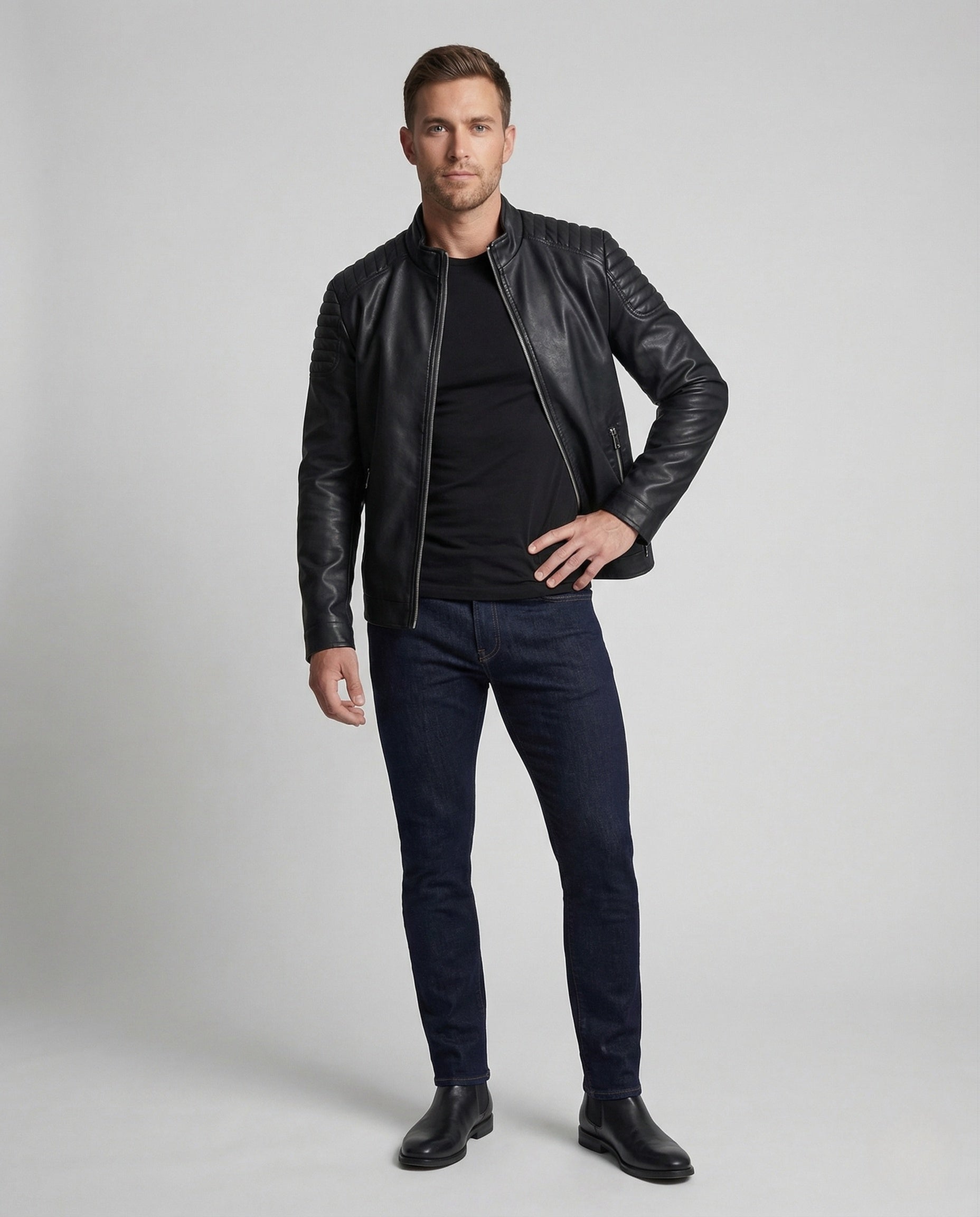 Herren Lederjacke Schmal Biker Stil Schwarz - Norvielle