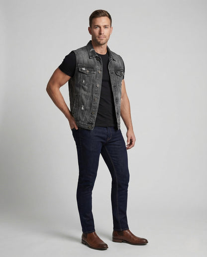 Herren Bikerweste Denim Stickerei Blau - Norvielle