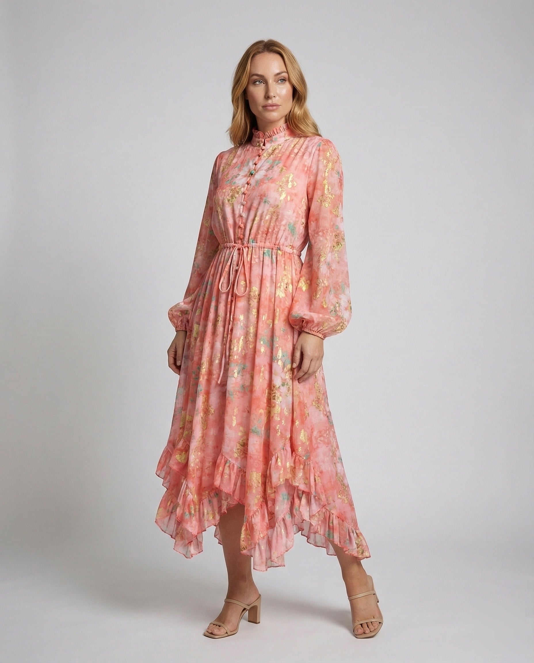 Damen Maxikleid Stehkragen Gürtel - Norvielle