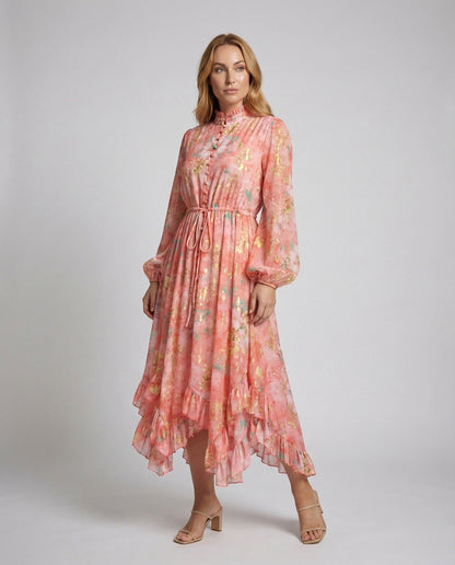 Damen Maxikleid Stehkragen Gürtel - Norvielle