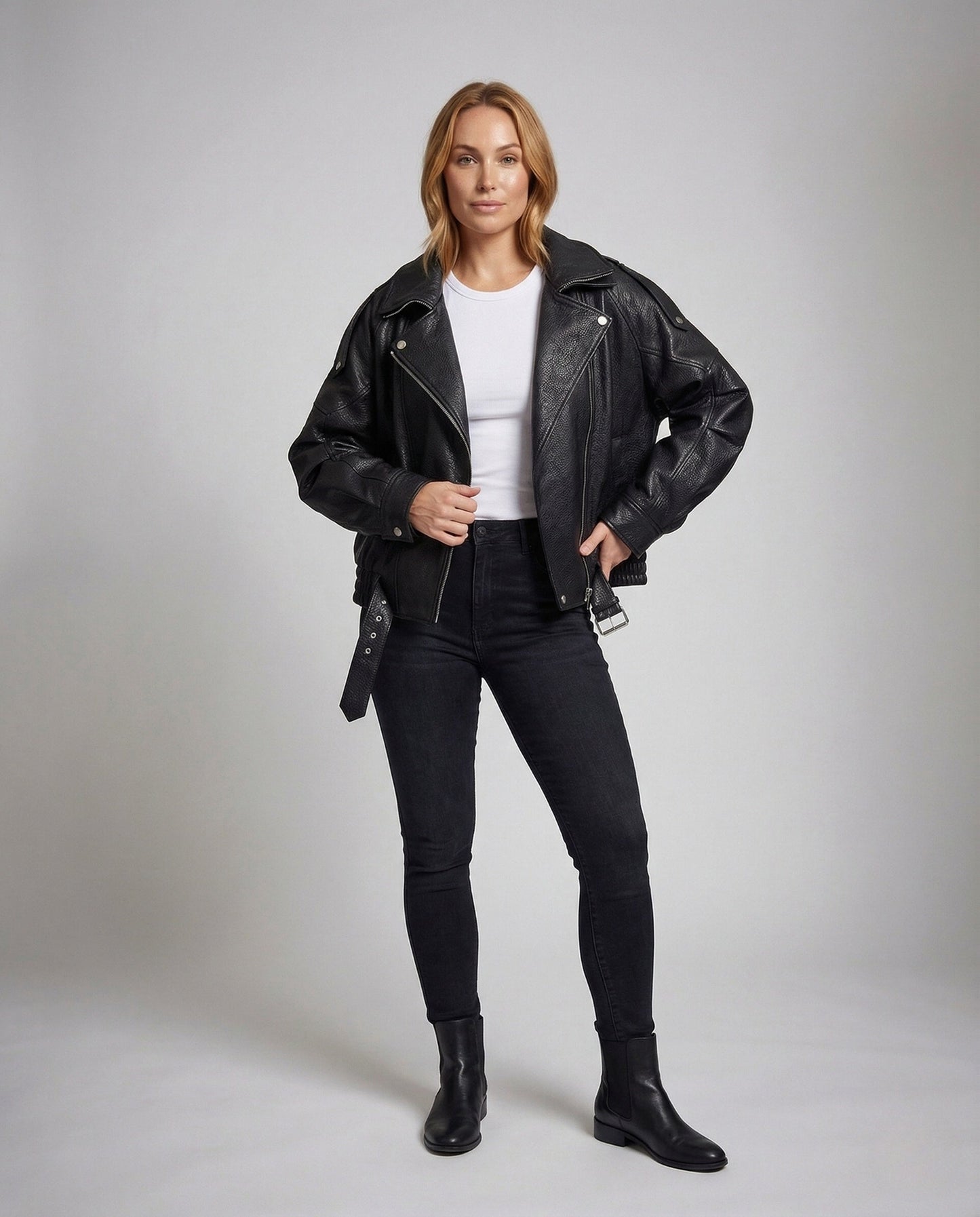 Damen Bikerjacke Oversize Kurz Kunstleder Schwarz - Norvielle