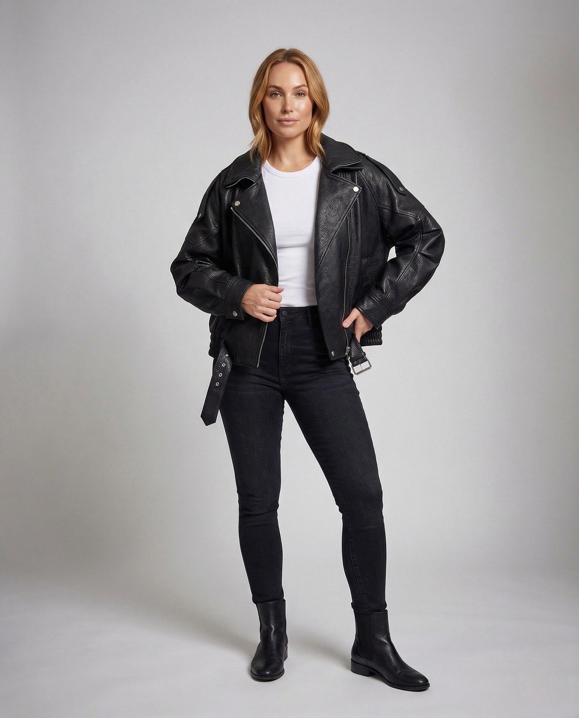 Damen Bikerjacke Oversize Kurz Kunstleder Schwarz - Norvielle