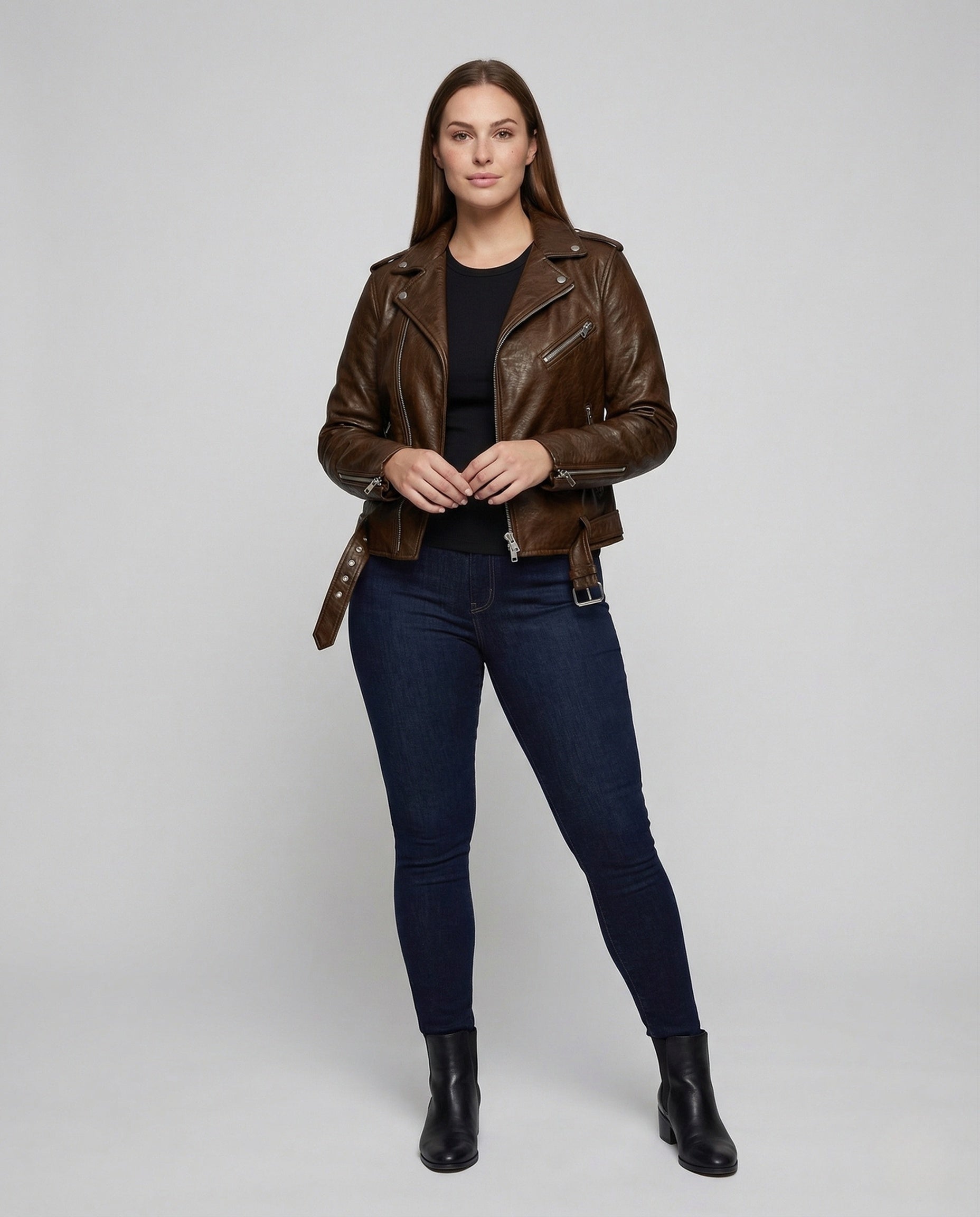 Damen Bikerjacke Kunstleder Tailliert Asymmetrisch Schwarz - Norvielle