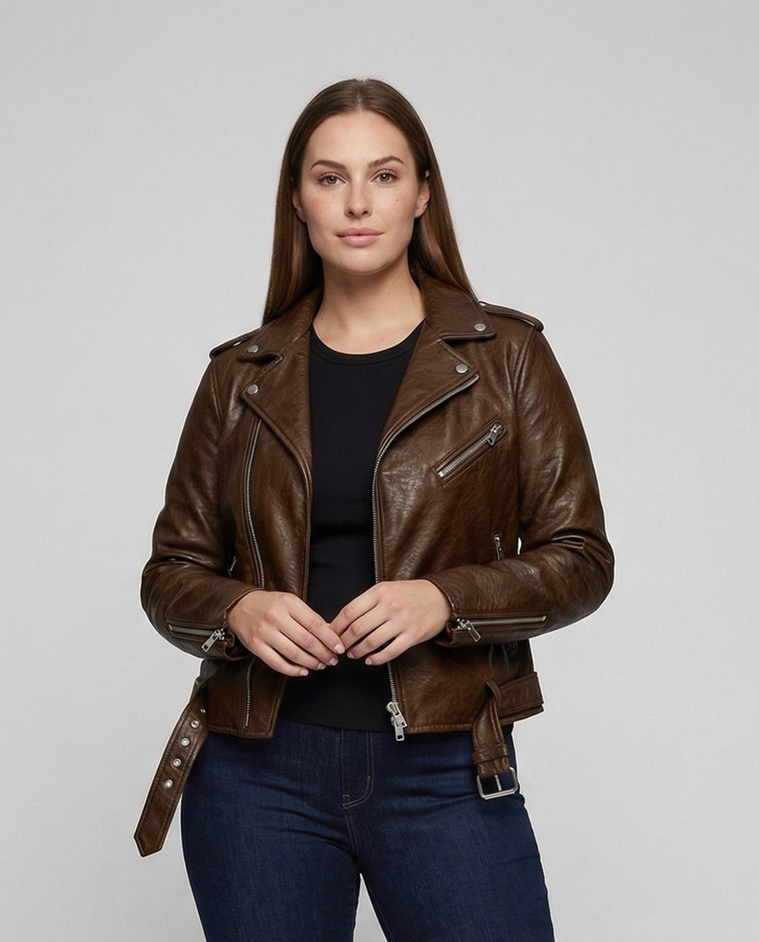 Damen Bikerjacke Kunstleder Tailliert Asymmetrisch