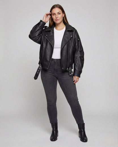 Damen Bikerjacke Kunstleder Weit Taillengürtel - Norvielle