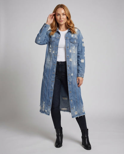 Damen Jeansmantel Lang Mit Taschen - Norvielle