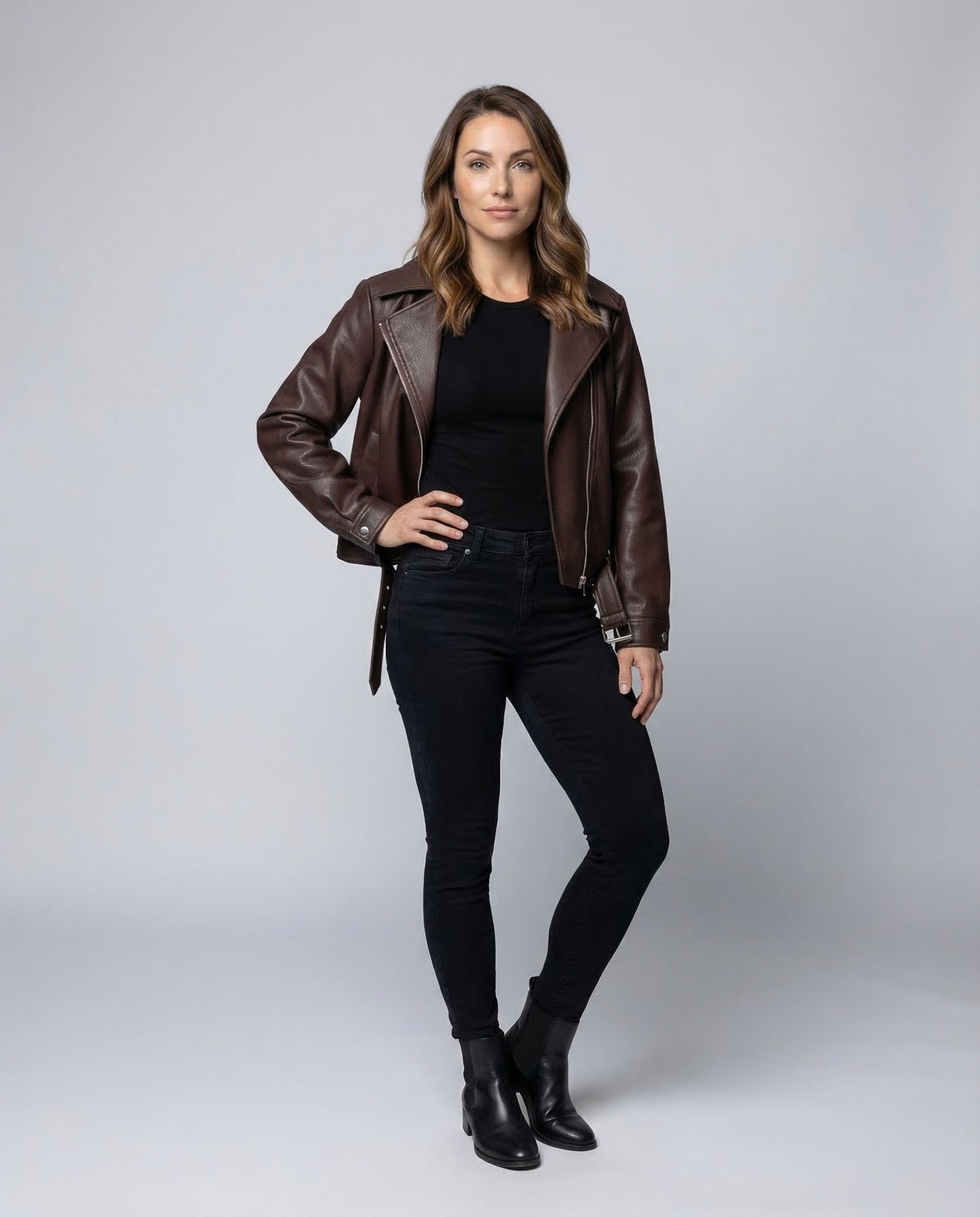 Damen Bikerjacke Kunstleder Revers Schwarz - Norvielle