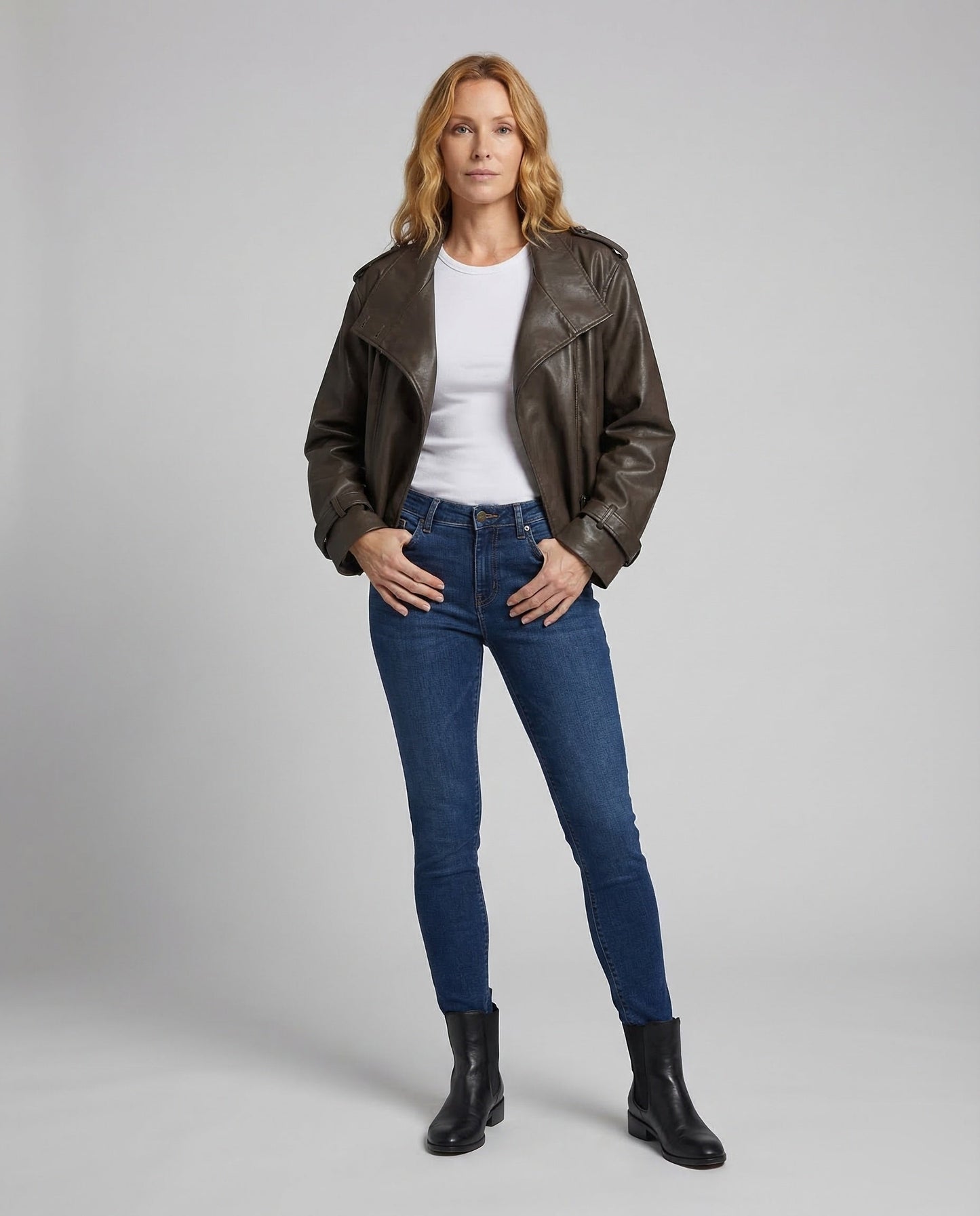 Damen Kunstlederjacke Doppelreiher Kurz - Norvielle