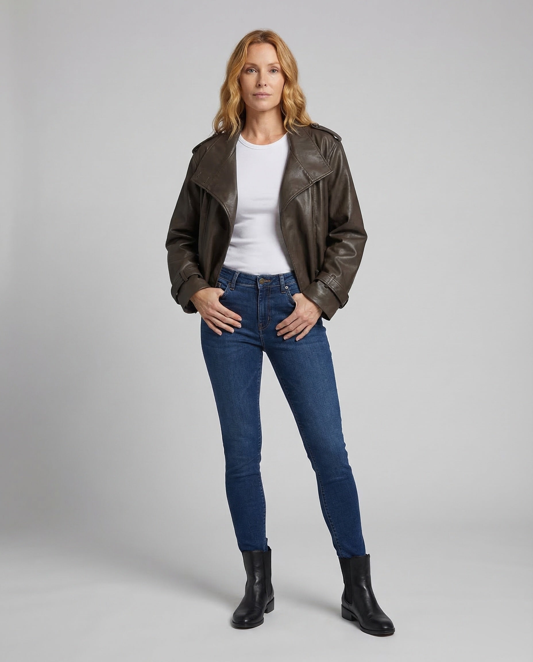 Damen Kunstlederjacke Doppelreiher Kurz - Norvielle