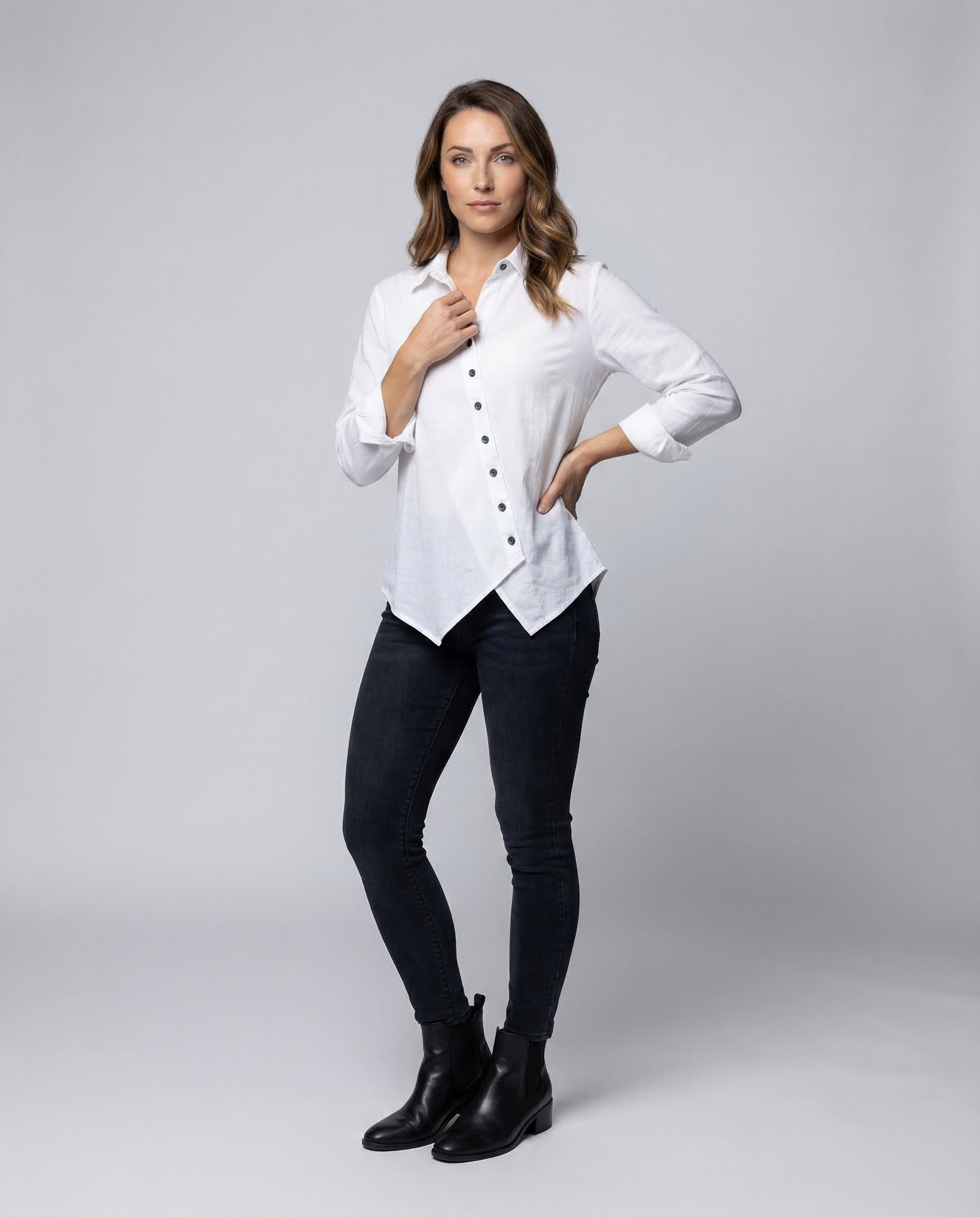 Damen Bluse Gaze Versetzte Knöpfe Weiß - Norvielle