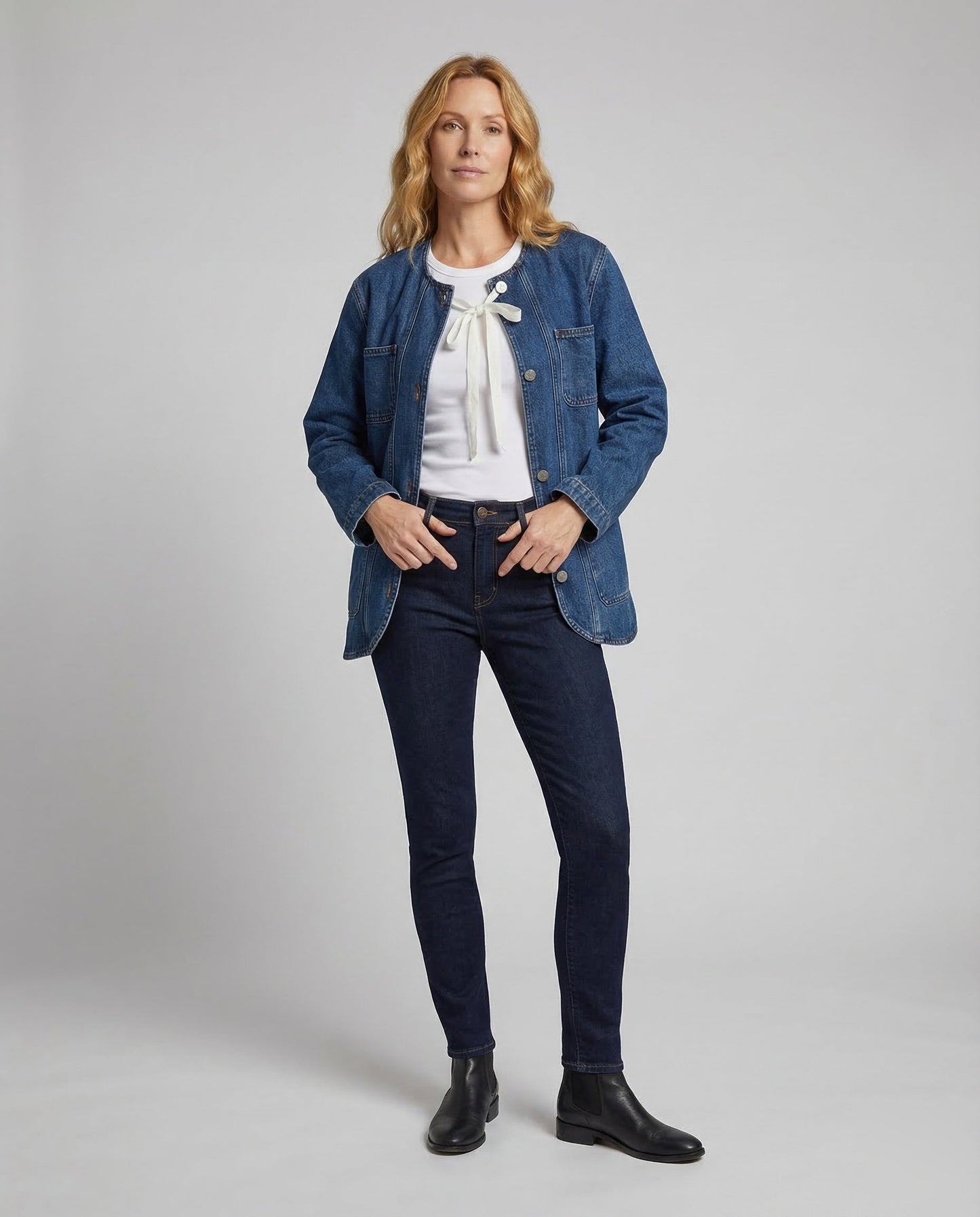 Damen Jeansjacke Rundhalsausschnitt Kragenlos Blau - Norvielle