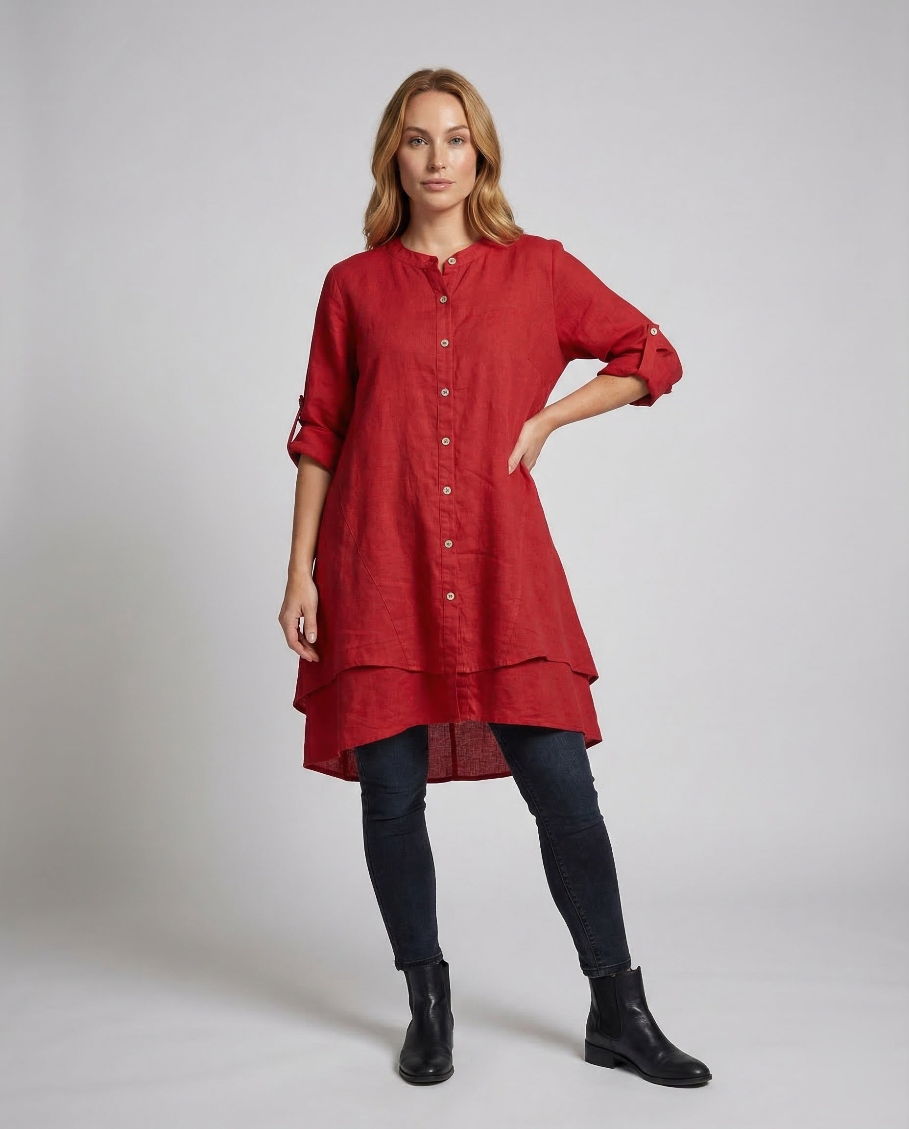 Damen Leinenkleid Mittellänge Stufensaum - Norvielle