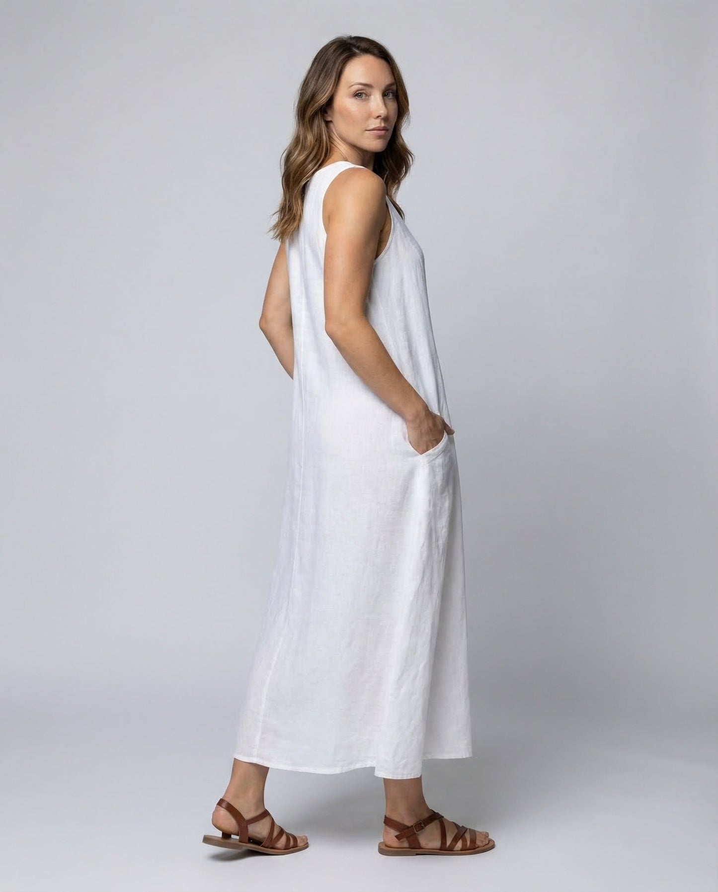 Damen Maxikleid Leinen A-Linie Beige - Norvielle