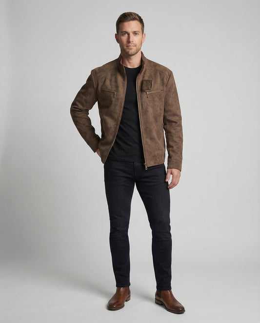 Herren Bikerjacke Wildleder Stehkragen - Norvielle