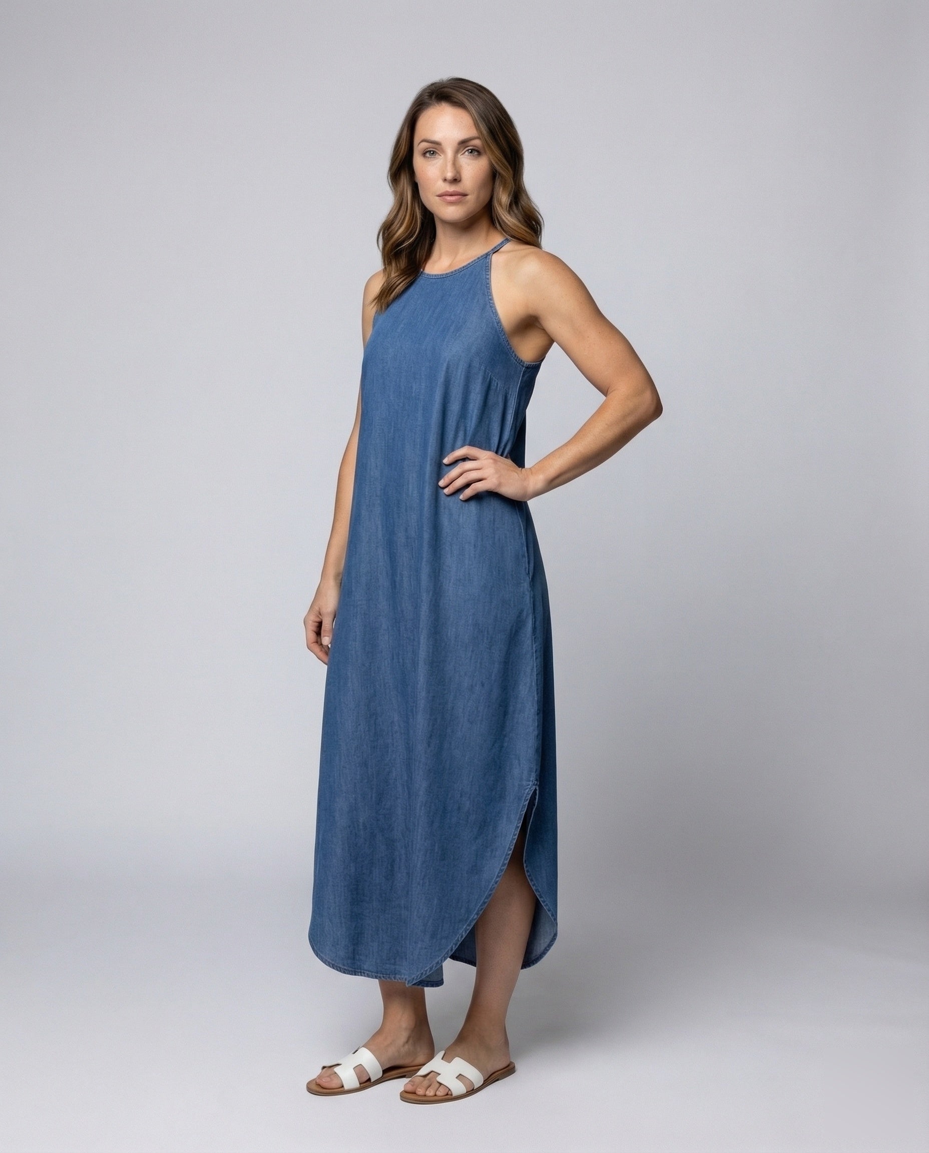 Damen Maxikleid Denim-Look mit Tulpen-Saum - Norvielle
