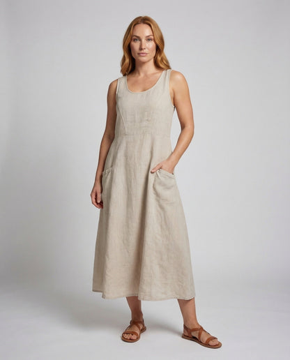 Damen Maxikleid Leinen Rundhalsausschnitt - Norvielle