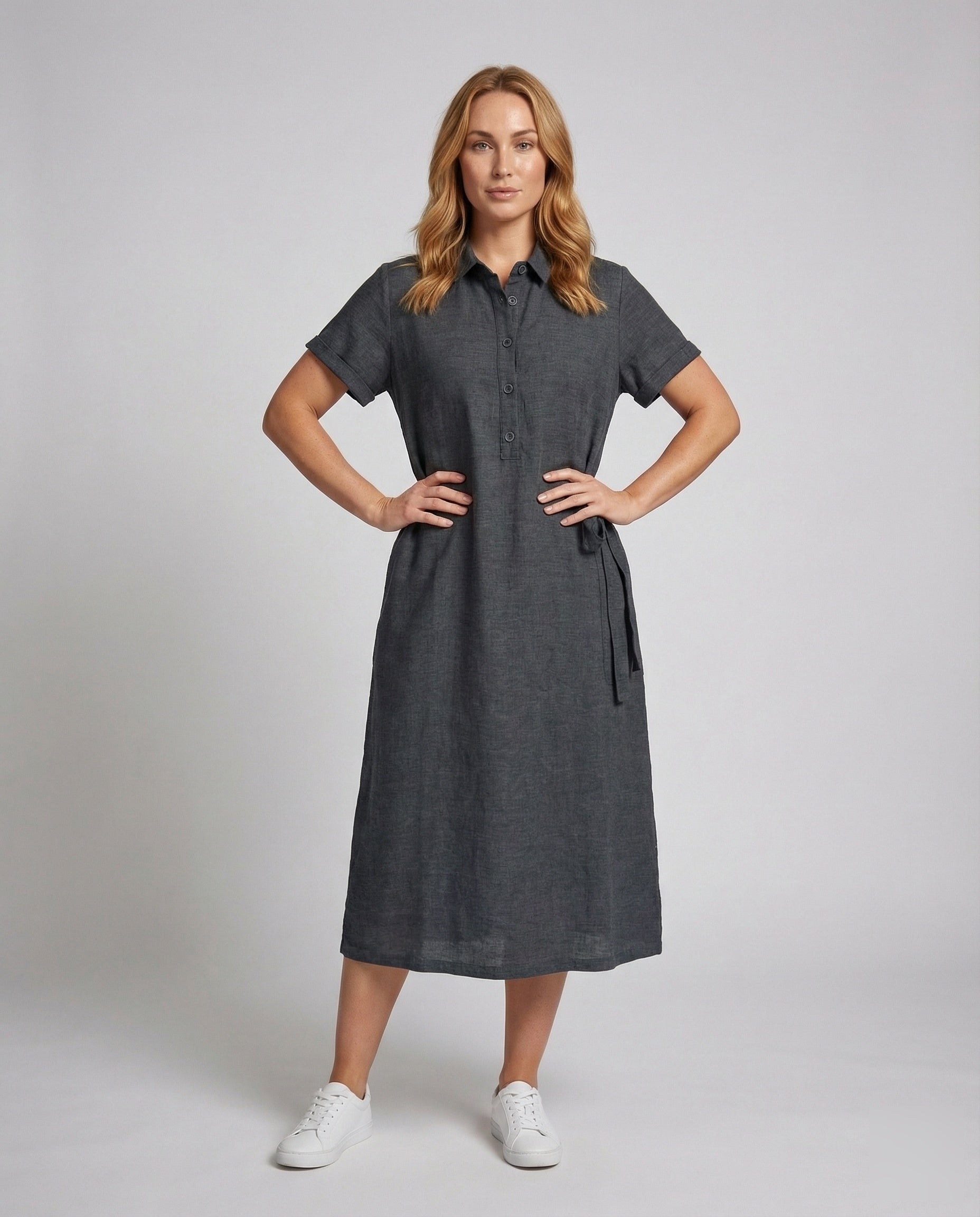 Damen Leinenkleid Mit Hemdkragen Und Schleifenbindung - Norvielle