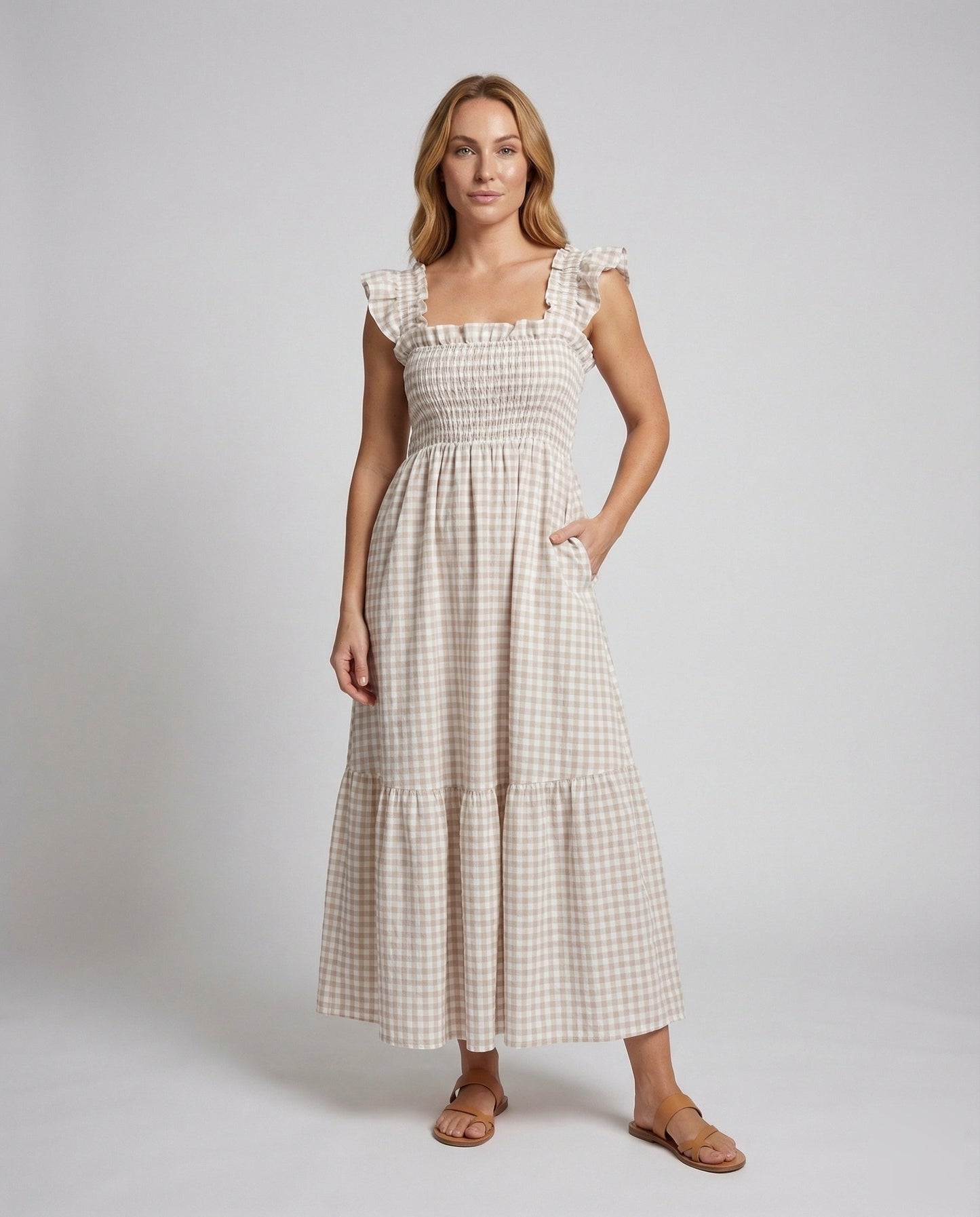 Damen Maxikleid Kariert Rüschen-Träger Smokoberteil - Norvielle