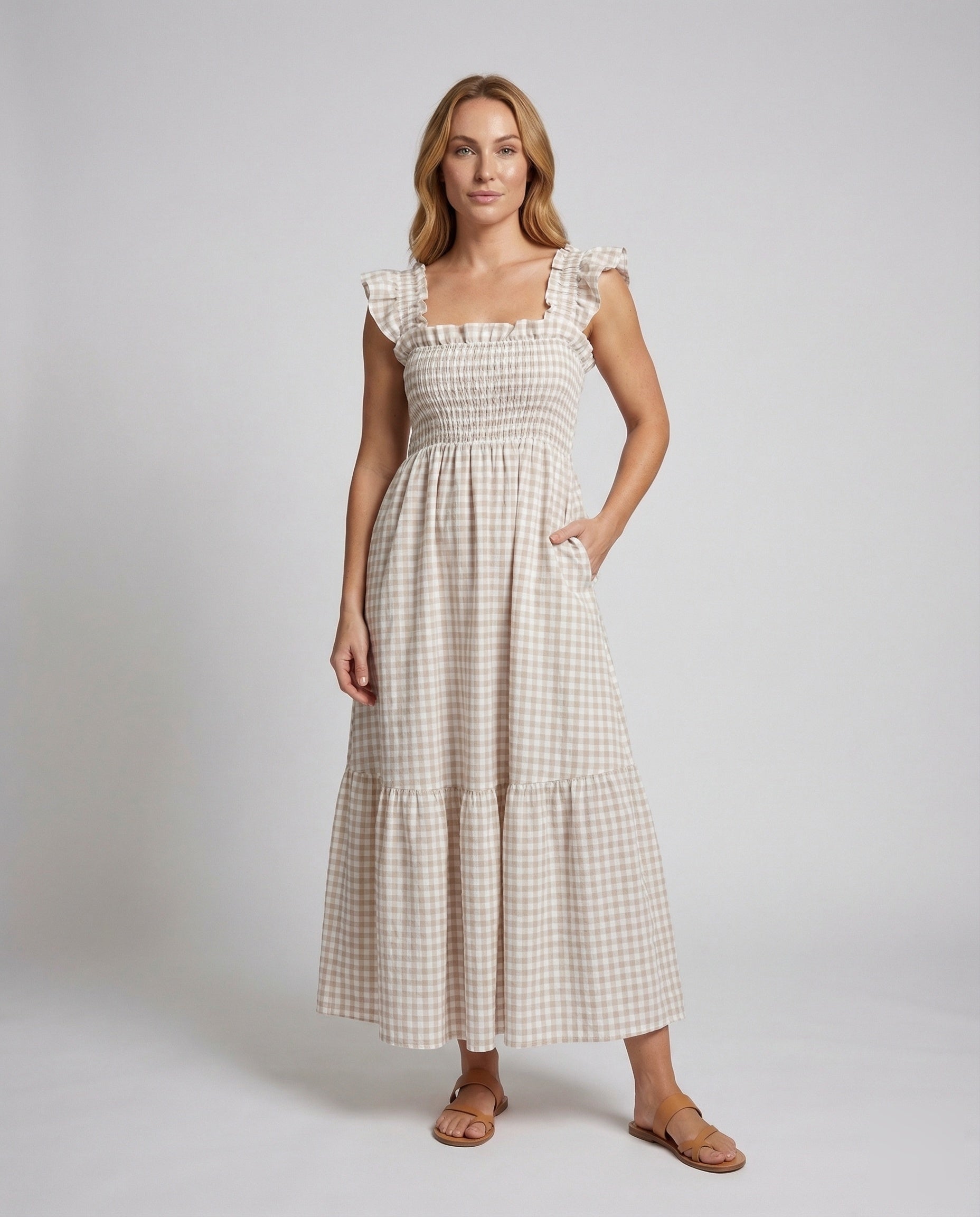 Damen Maxikleid Kariert Rüschen-Träger Smokoberteil - Norvielle