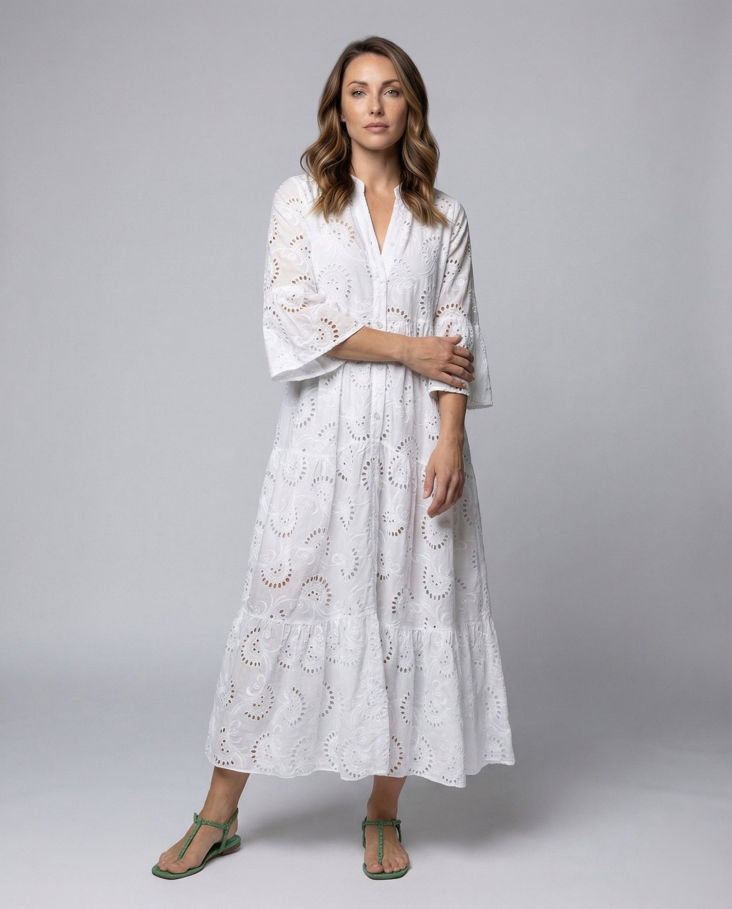 Damen Maxikleid Ajourstickerei Glockenärmel - Norvielle