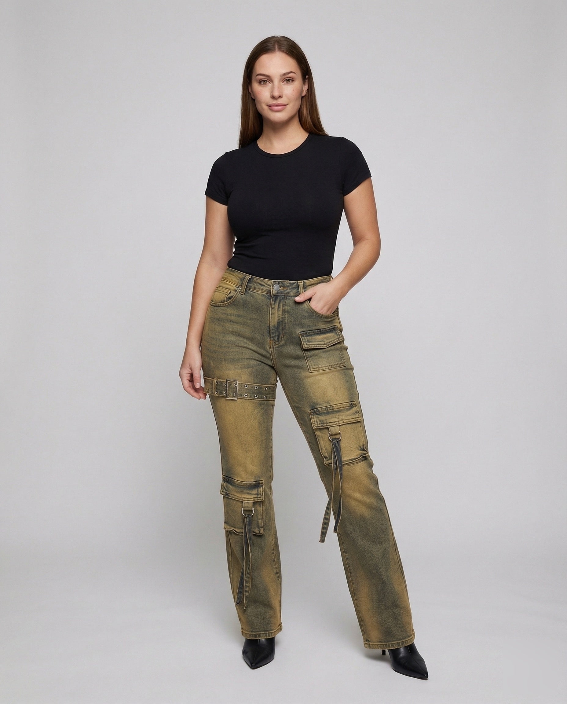 Damen Cargo-Jeans Schnallen-Details Schwarz - Norvielle