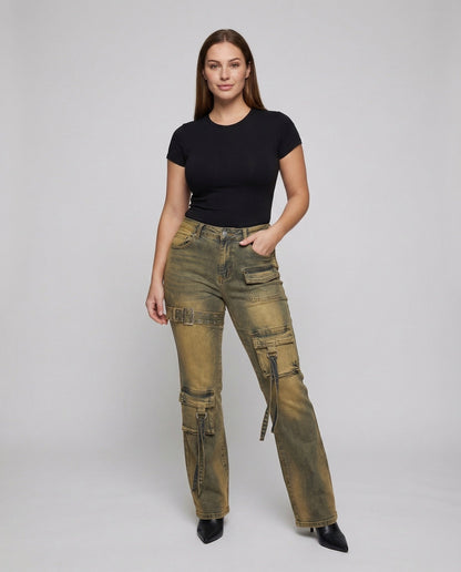 Damen Cargo-Jeans Schnallen-Details Schwarz - Norvielle