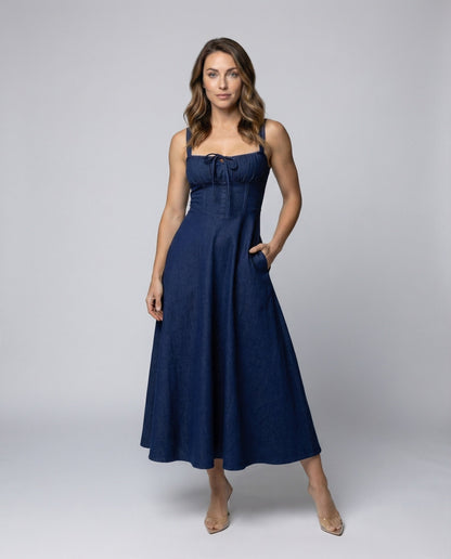 Damen Midikleid Denim Herzdekolleté Blau - Norvielle