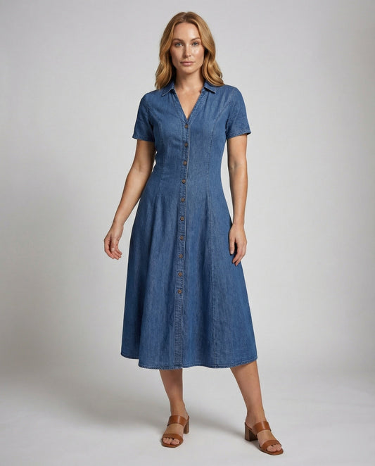 Damen Midikleid Denim-Optik Bluse-Kleid Damenkleid - Norvielle