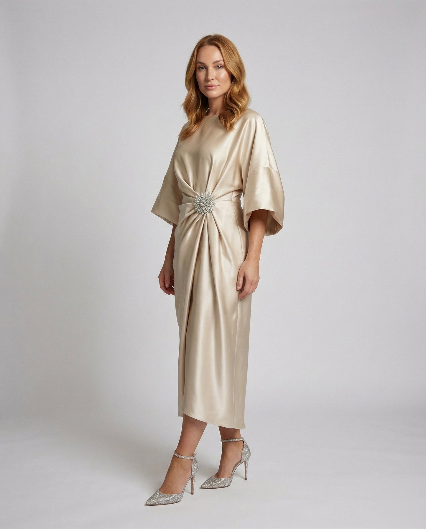 Damen Satin Midikleid Kimonoärmel - Norvielle