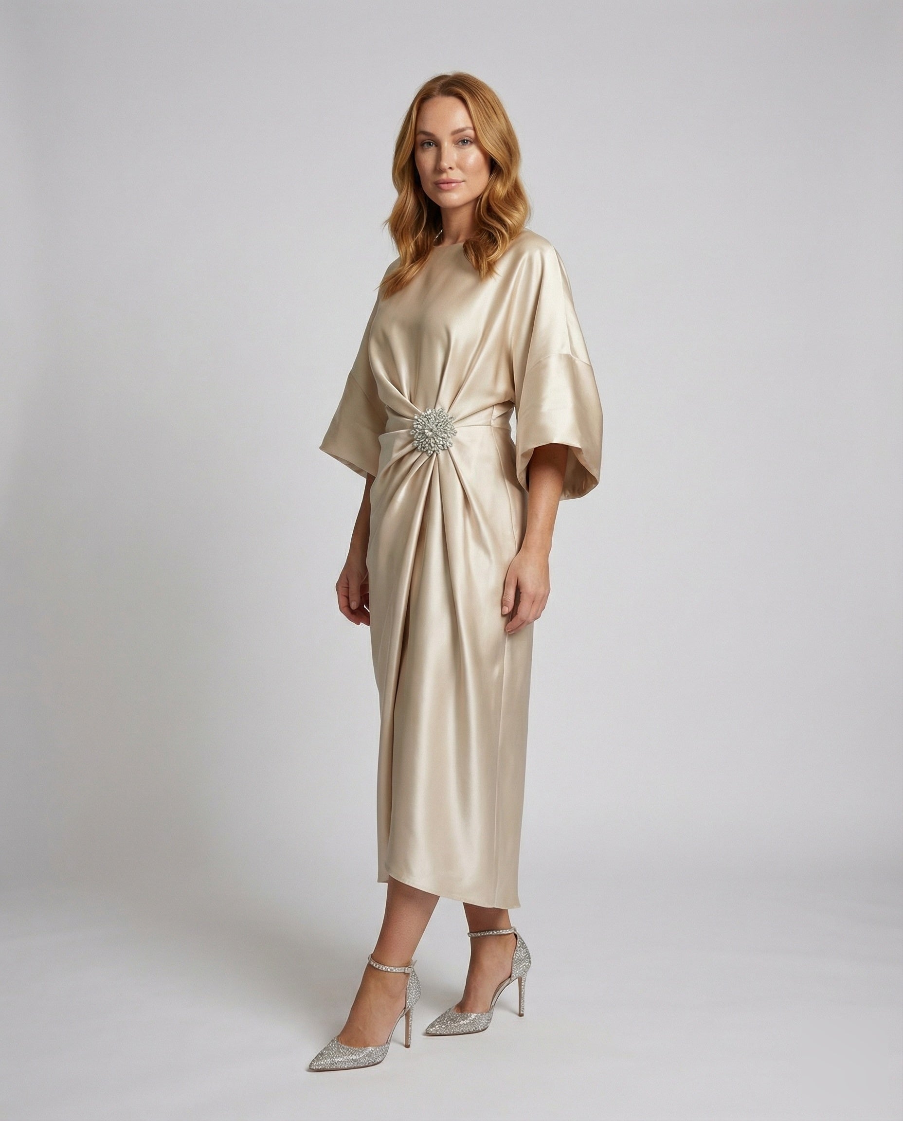 Damen Satin Midikleid Kimonoärmel - Norvielle