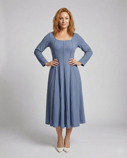 Damen Midikleid Prinzessnähte Baumwolle Blau - Norvielle