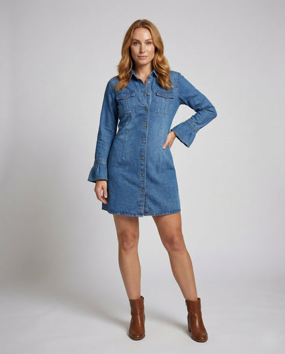 Damen Jeanskleid Mit Brusttaschen Ausgestellter Saum - Norvielle