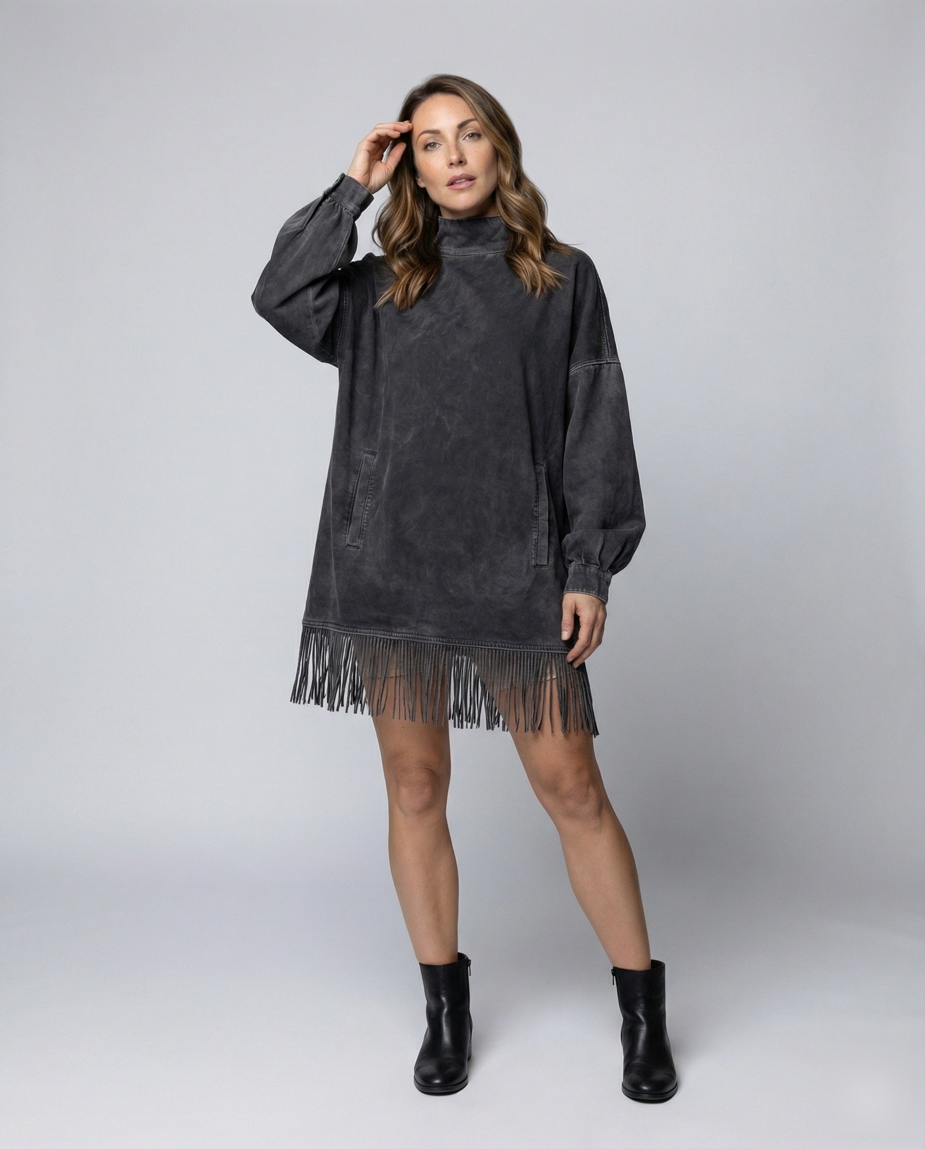 Damen Minikleid Sweatshirt Fransen Stehkragen - Norvielle
