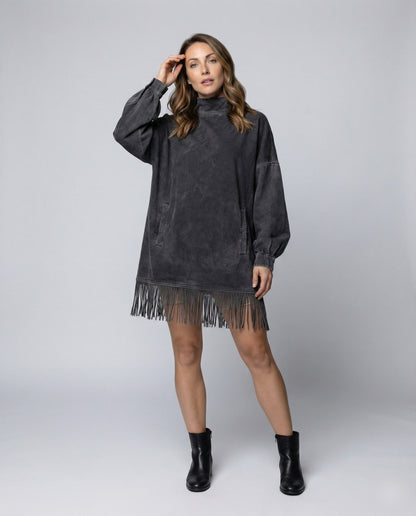 Damen Minikleid Sweatshirt Fransen Stehkragen - Norvielle