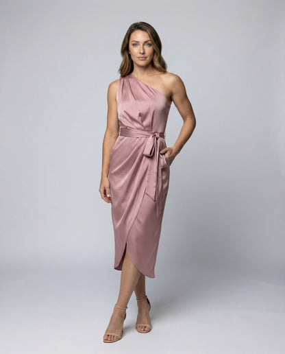 Damen Midikleid Einschultrig Wickeleffekt - Norvielle