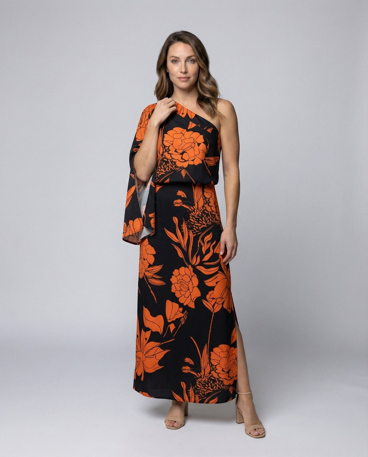Damen Maxikleid Einschultrig Cape-Ärmel - Norvielle