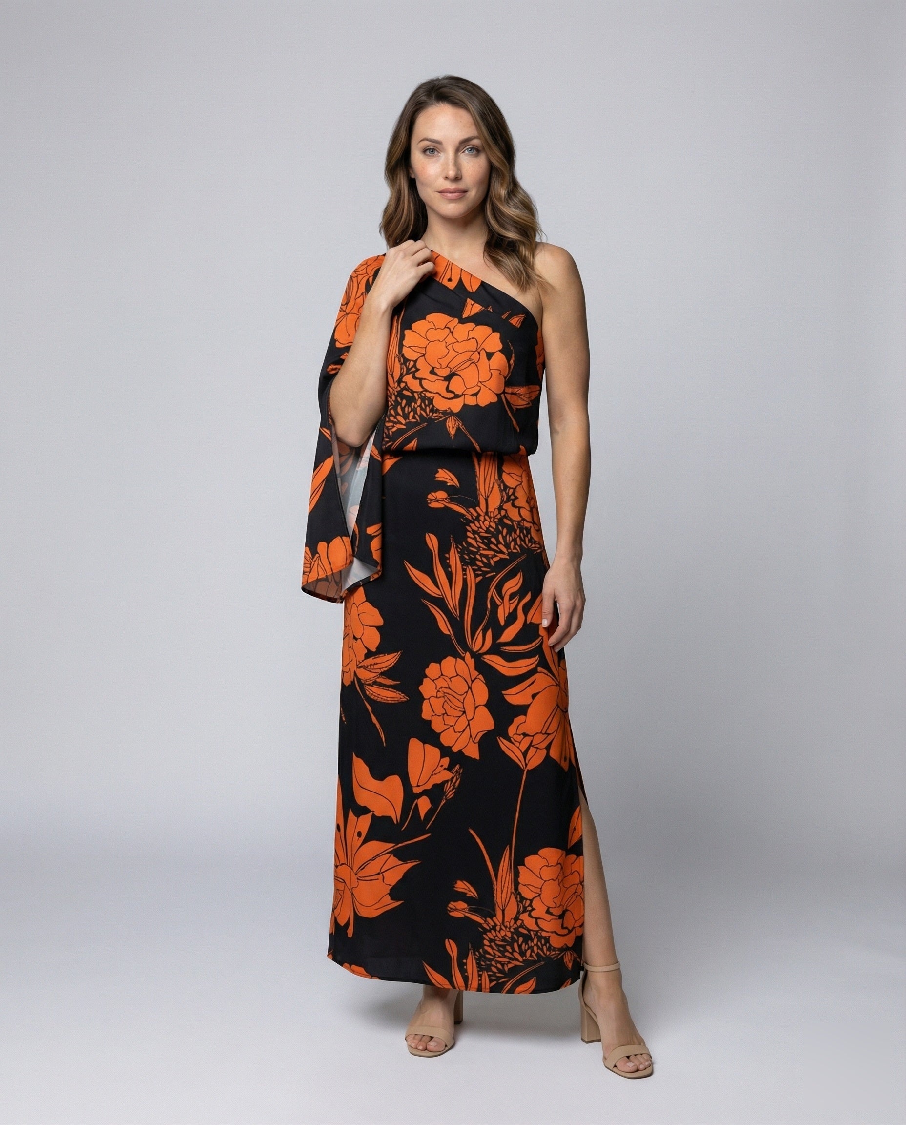 Damen Maxikleid Einschultrig Cape-Ärmel - Norvielle