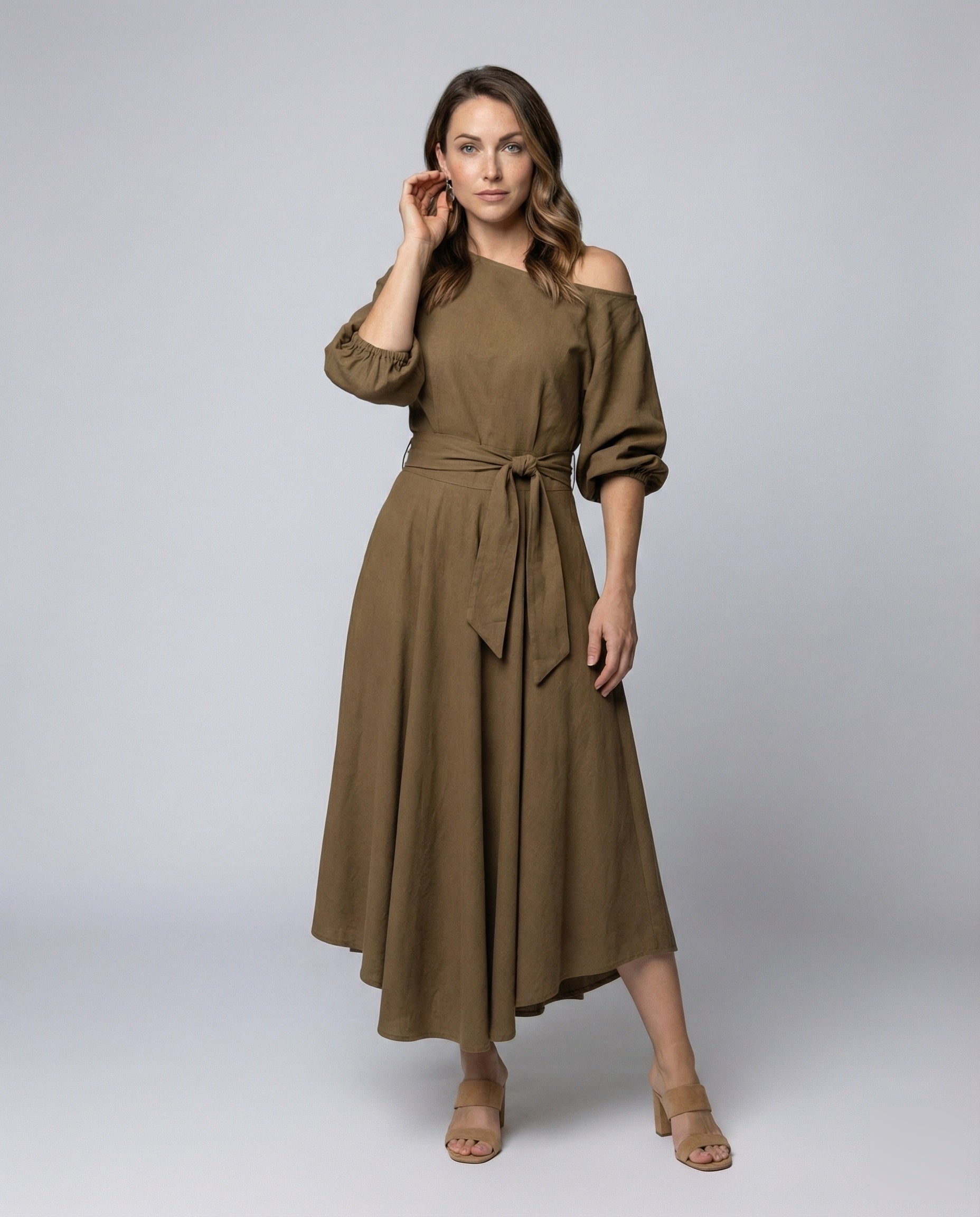Damen Midikleid Einseitig Schulterfrei Stufenrock - Norvielle