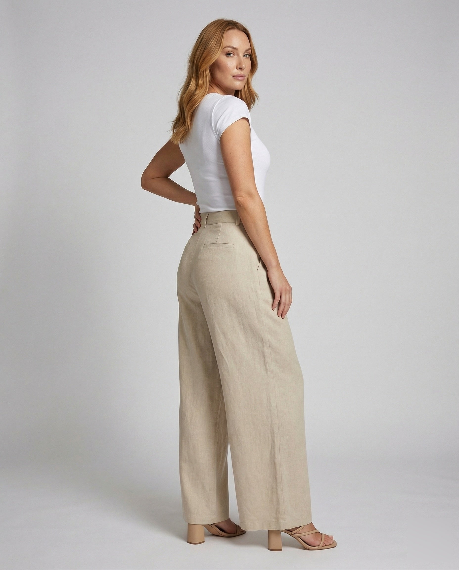 Damen Leinenmix Weithose Elegante Beige - Norvielle