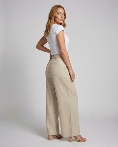 Damen Leinenmix Weithose Elegante Beige - Norvielle