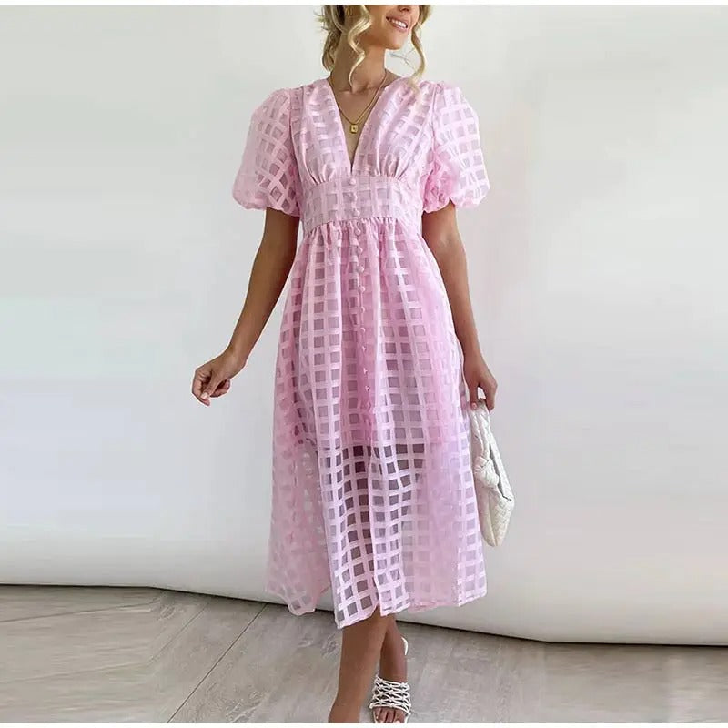Damen Midi-Kleid Karomuster Luftig V-Ausschnitt Puffärmel