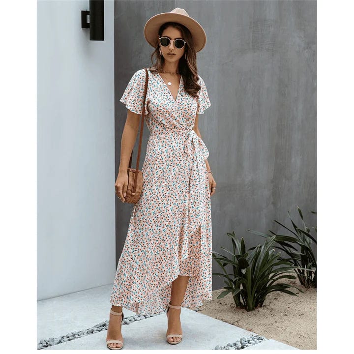 Damen Blumenkleid V-Ausschnitt Rüschen Sommerlich Elegantes Design
