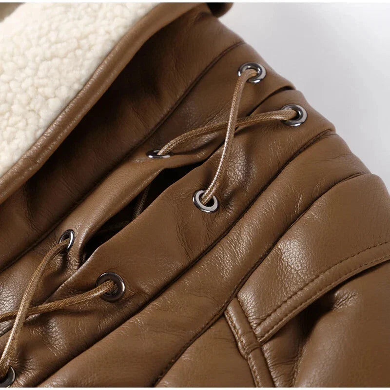 Damen Shearling Jacke Vegan Ledernachbildung Mit Taillengürtel