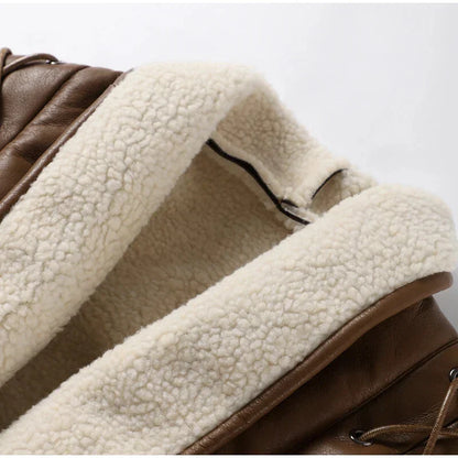 Damen Shearling Jacke Vegan Ledernachbildung Mit Taillengürtel