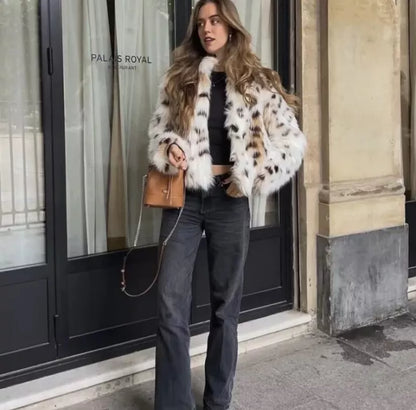 Damen Kunstfelljacke Leopardenmuster Elegant