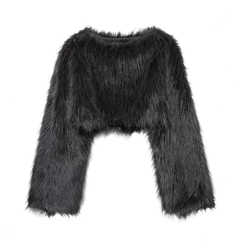 Damen Cropped Pullover Kunstfell Weite Ärmel