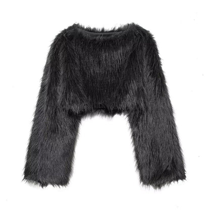 Damen Cropped Pullover Kunstfell Weite Ärmel
