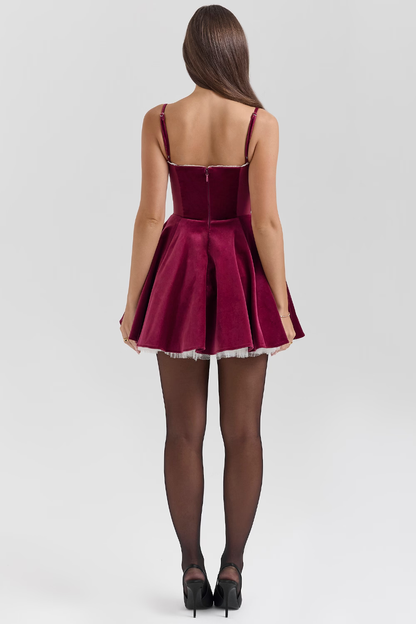 Damen Mini Samtkleid Korsett Look Tüllsaum