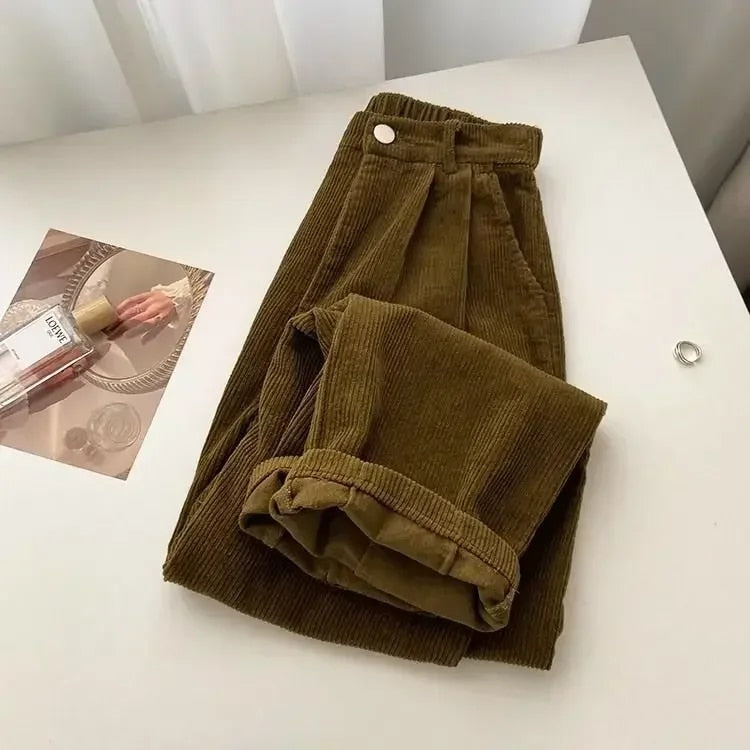 Damen Retro Cordhose Hohe Taille Corduroy Beige - Norvielle