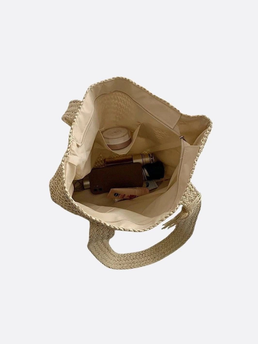 Damen Strohtasche Groß Reißverschluss Schulterriemen Beige